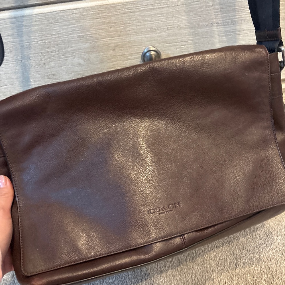 Dark brown leather mens Coach messenger bag